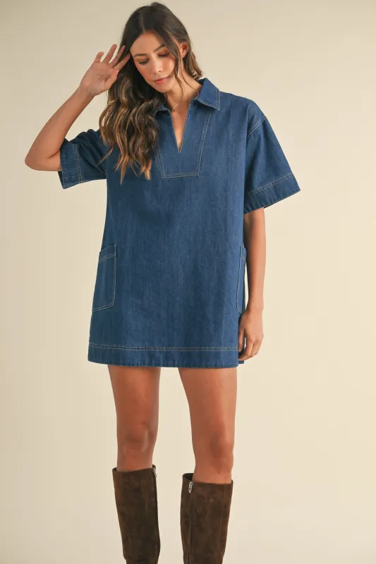 TYASHA DENIM COLLAR SIDE POCKETS MINI DRESS made by MABLE