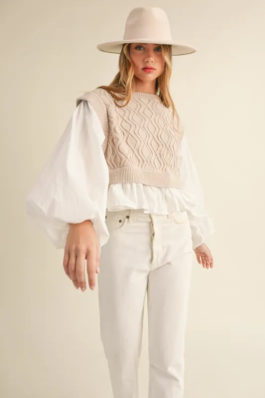 MURPHY KNIT WOVEN MIX BALLOON SLEEVE TOP made by MABLE