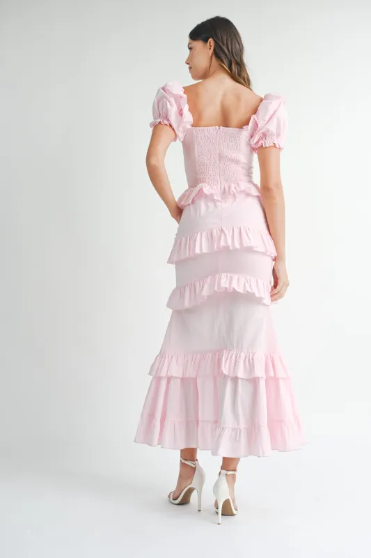EVA BUTTON FRONT RUFFLE TIERED MAXI DRESS made by MABLE