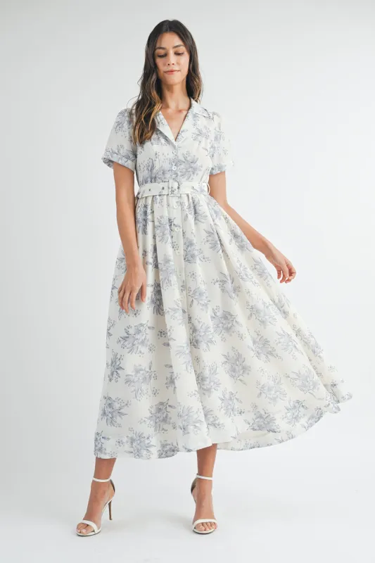 ANNA BUTTON DOWN BELTED FLORAL MIDI DRESS made by MABLE