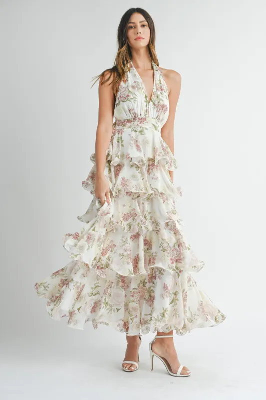 OAKLEE TIERED HALTERNECK FLORAL MAXI DRESS sold by MABLE