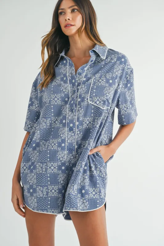 GREER PAISLEY PRINTED PIPPING ROMPER made by MABLE