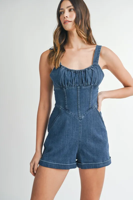 LEILANI BUSTIER DETAILED DENIM ROMPER sold by MABLE