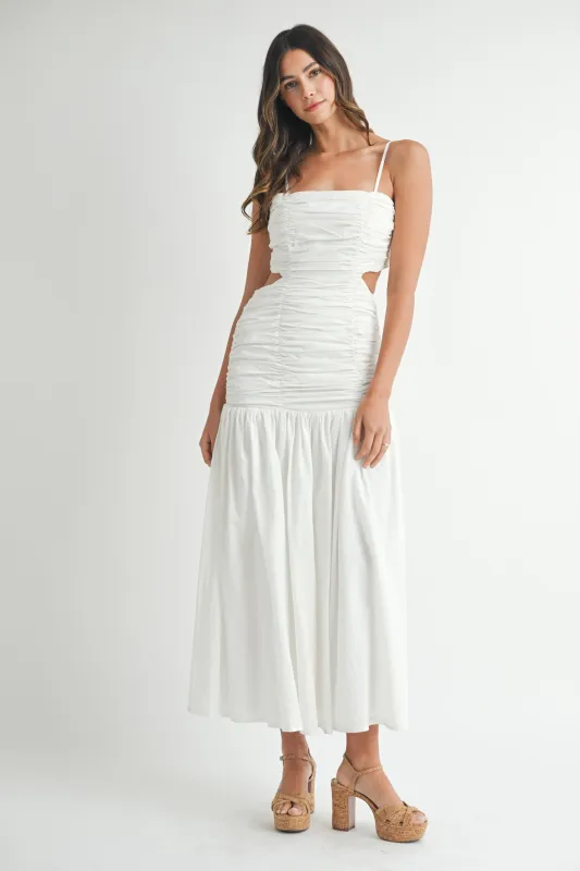 LOGAN RUCHED MIDI DRESS made by MABLE