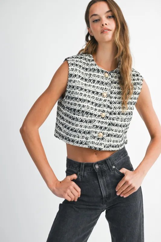 DIJONAI TWEED FRONT POCKET CROP VEST sold by MABLE