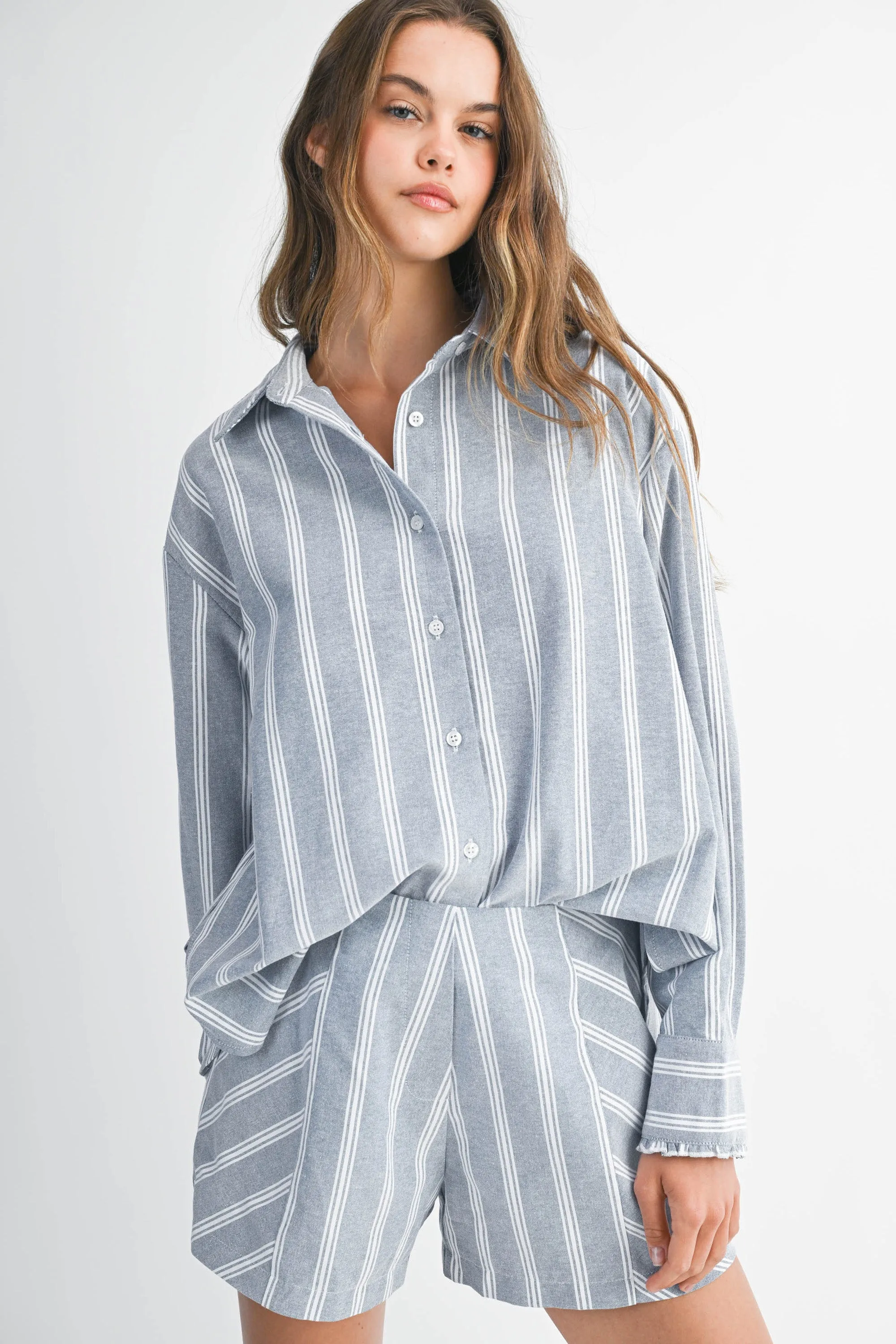 EVGENIA PIN STRIPE SHIRTS SHORTS SET sold by MABLE