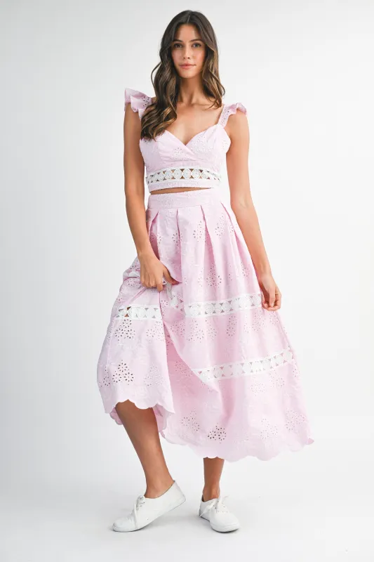 LAETICIA EYELET RUFFLE SLEEVE TOP AND SKIRT SET made by MABLE