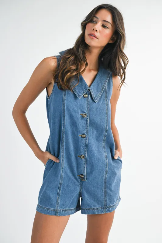 CHENNEDY COLLAR BUTTON DOWN DENIM ROMPER sold by MABLE