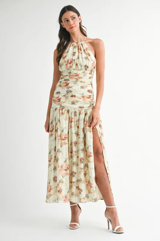 ZOYA FLORAL PRINTED RUCHED BODICE HALTER MIDI DRESS made by MABLE