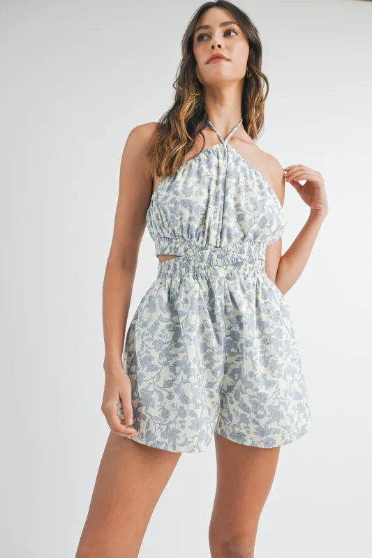 DEMI FLORAL PRINT HALTER NECK ROMPER sold by MABLE