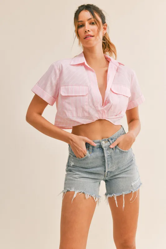 MALIYAH TWISTED FRONT BUTTON DOWN CROP SHIRTS made by MABLE