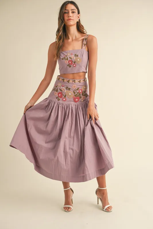 ELLE EMBROIDERED CROP TOP AND MIDI SKIRT SET made by MABLE