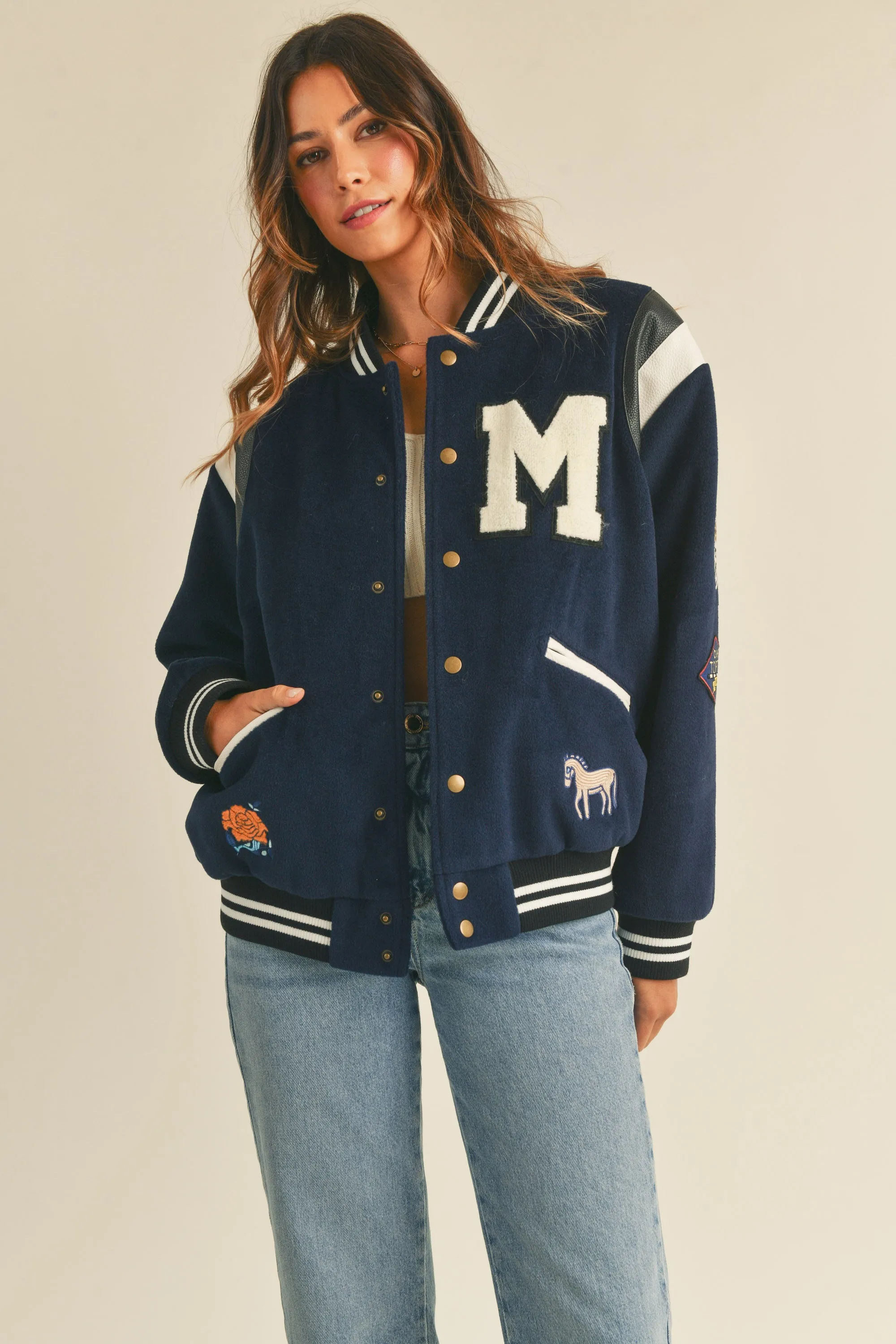 LEXIE BOMBER VARSITY JACKET W/ PATCHES sold by MABLE