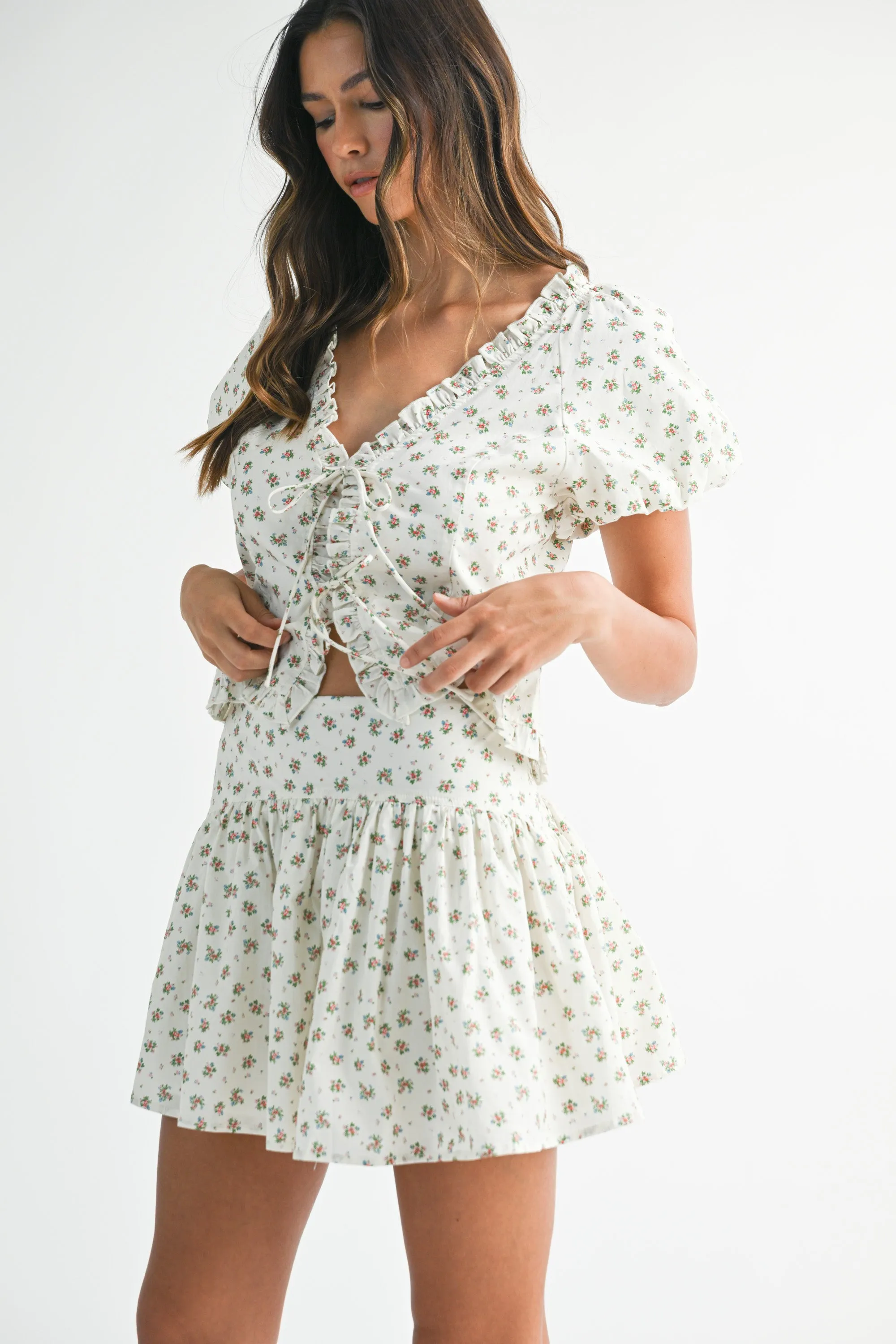 CARLY PUFF SLEEVE TIED TOP AND MINI SKIRT SET sold by MABLE product image thumbnail 2