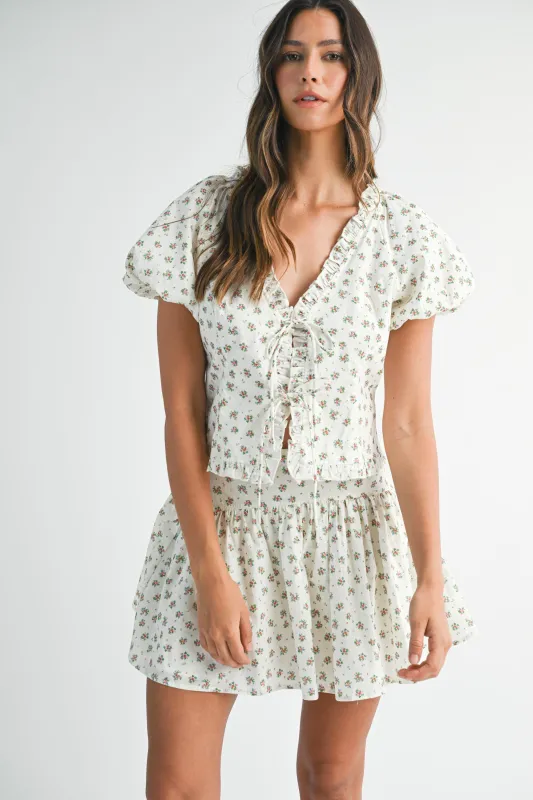 CARLY PUFF SLEEVE TIED TOP AND MINI SKIRT SET made by MABLE