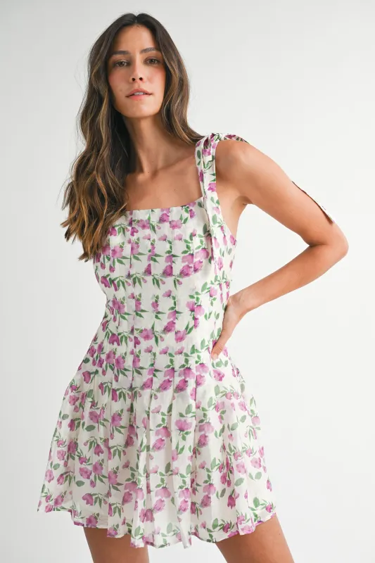 ELENA PLEATED MINI DRESS WHITE BOW STRAP made by MABLE