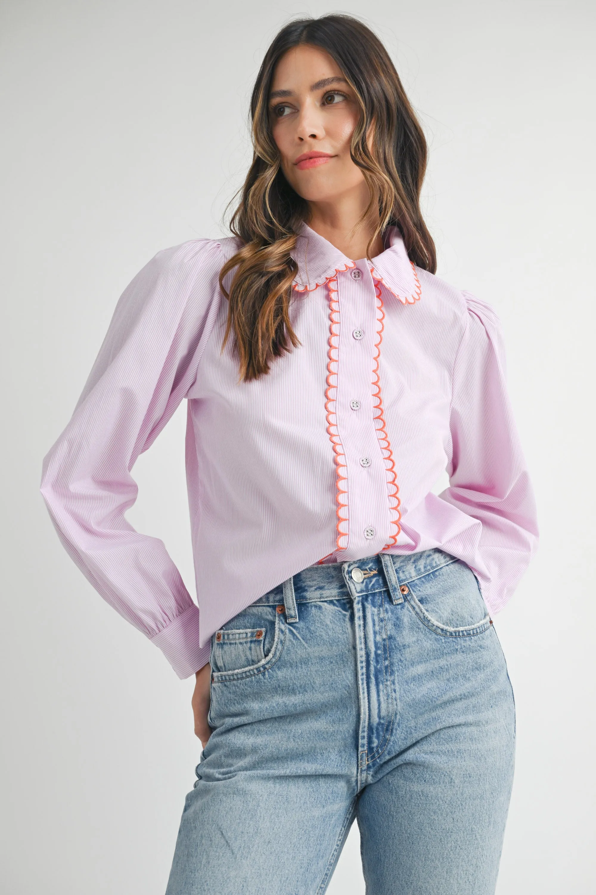 MAKENZIE SCALLOPED COLLAR STRIPE SHIRT sold by MABLE