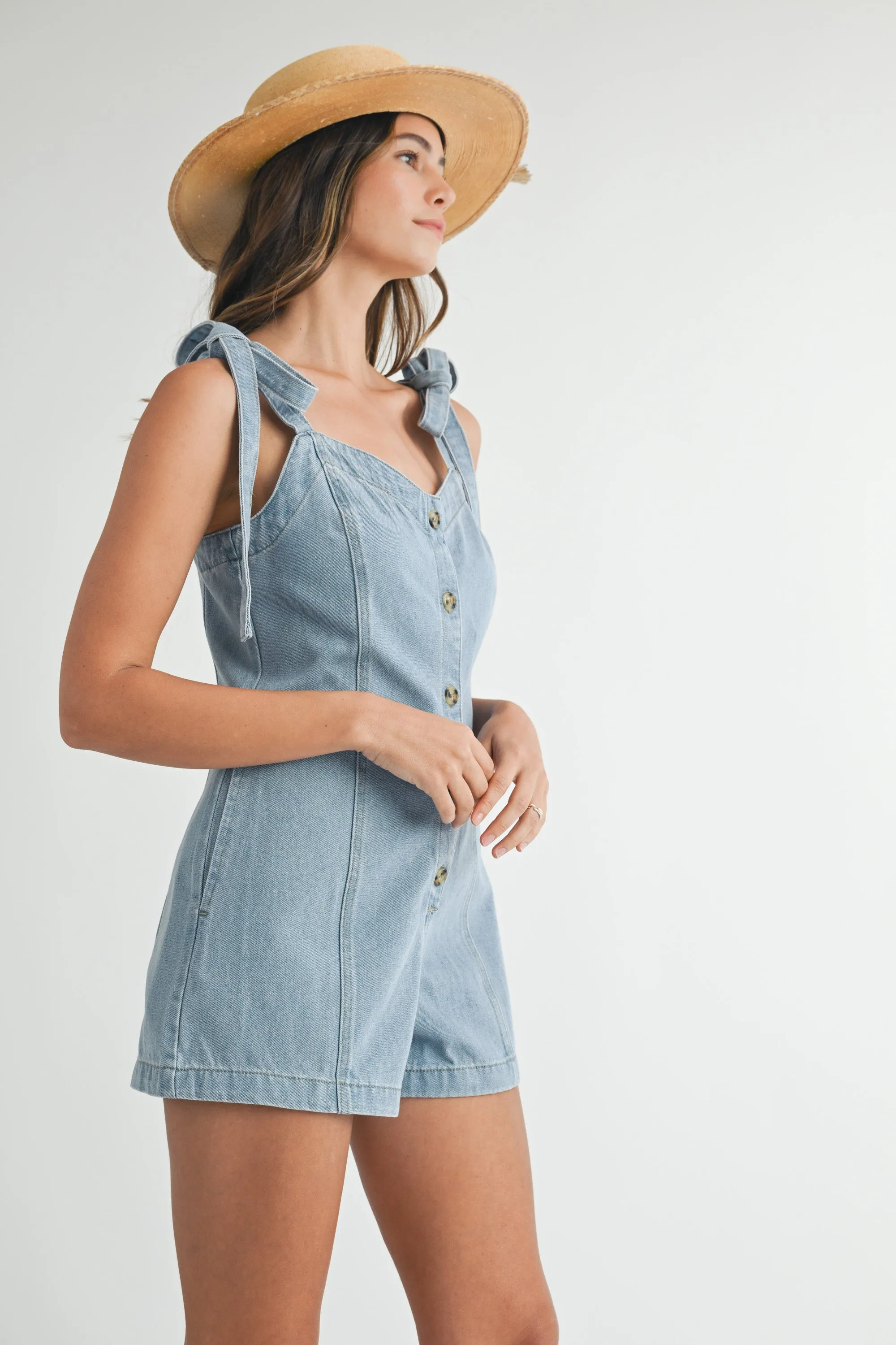 PHOEBE DENIM ROMPER WITH SHOULDER TIE BOW sold by MABLE product image thumbnail 2