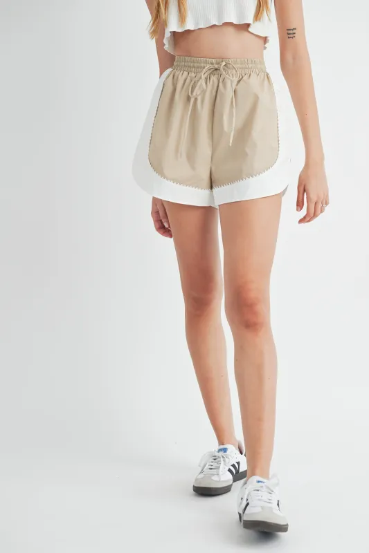 KENIA ELASTICIZED WAIST WITH TIE AND TRIM DETAILING SHORTS made by MABLE