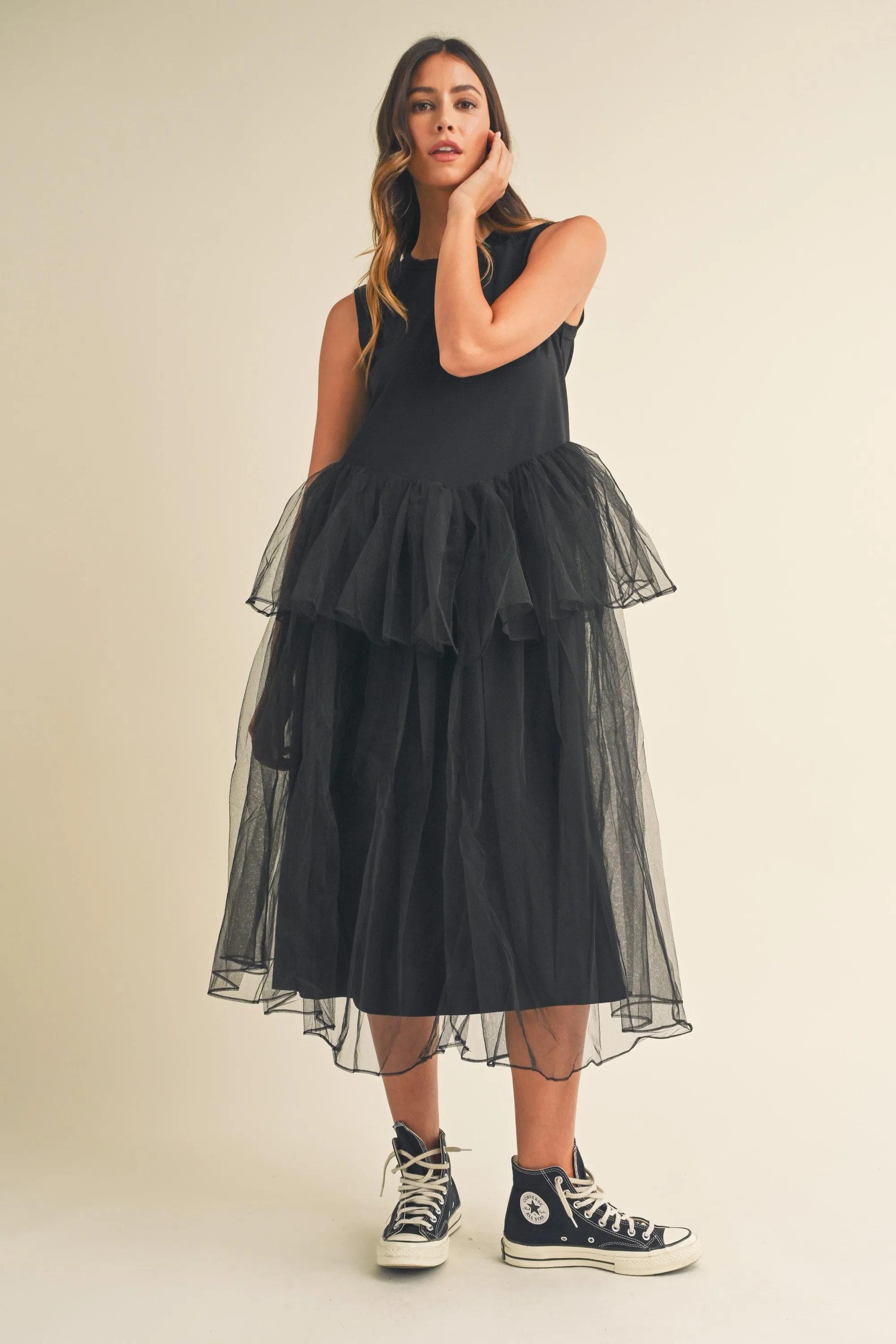 TALIA TULLE CONTRASTED MIDI DRESS sold by MABLE