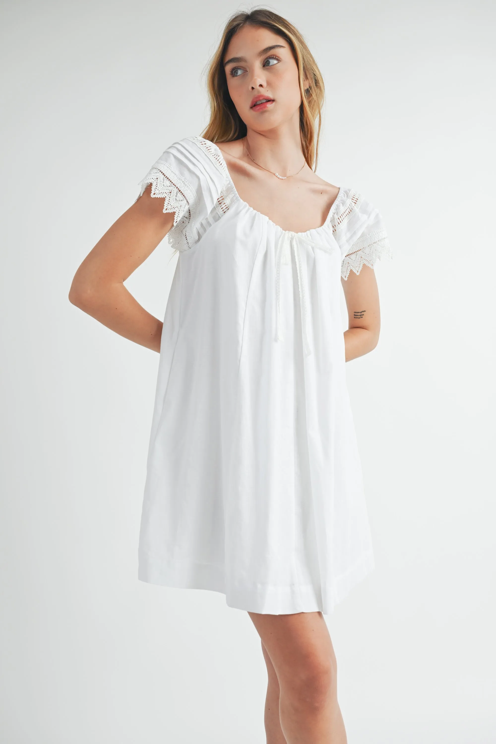 KIMBERLY LACE TRIMMED SHORT SLEEVES MINI DRESS sold by MABLE