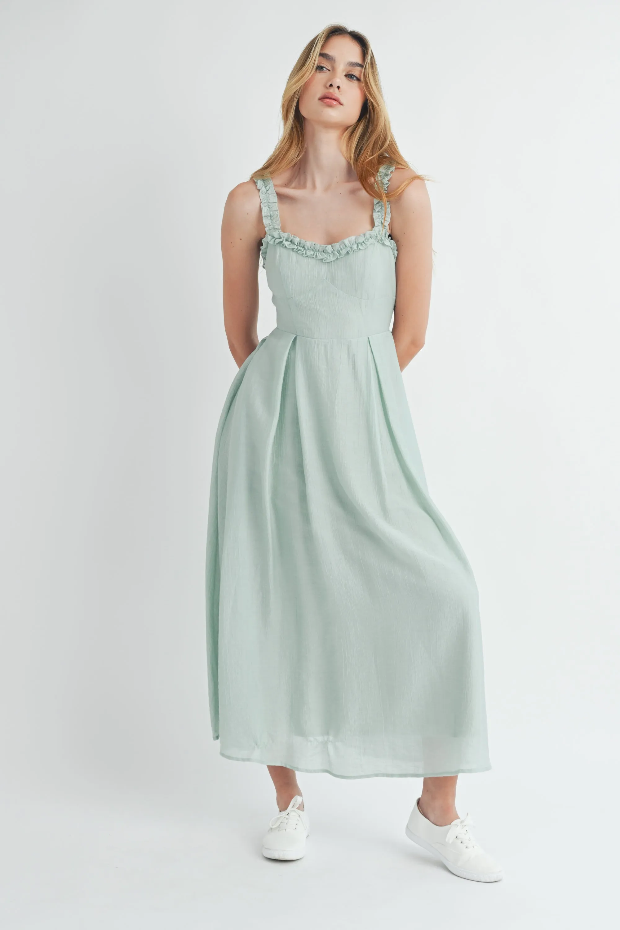 FRANCESCA STRAP RUFFLE MIDI DRESS sold by MABLE