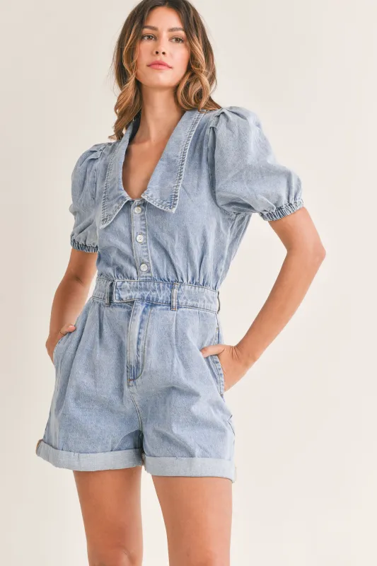 CAPRICE PUFF SLEEVE DENIM ROMPER made by MABLE