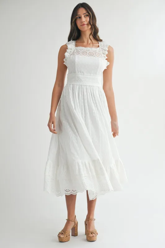ZAHRA EYELET RUFFLE MIDI DRESS made by MABLE