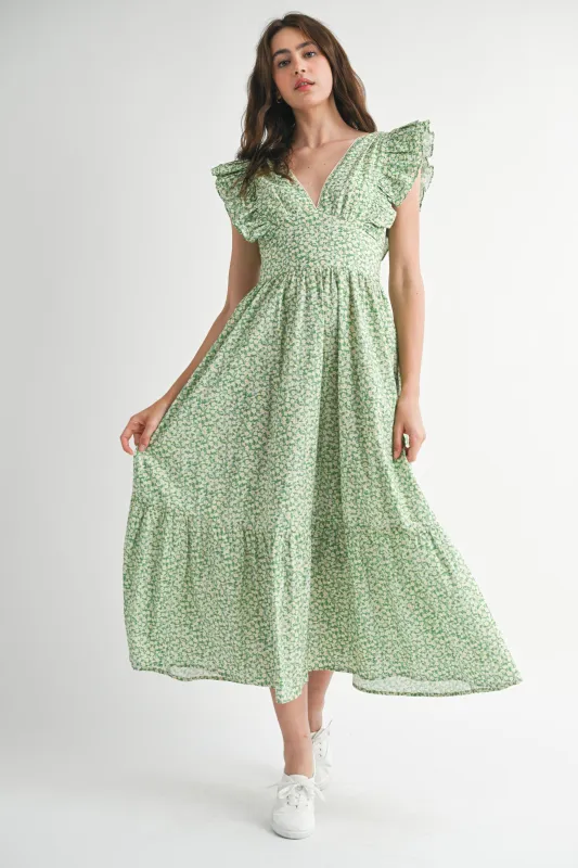 SARAI FLUTTER SLEEVE MIDI DRESS made by MABLE