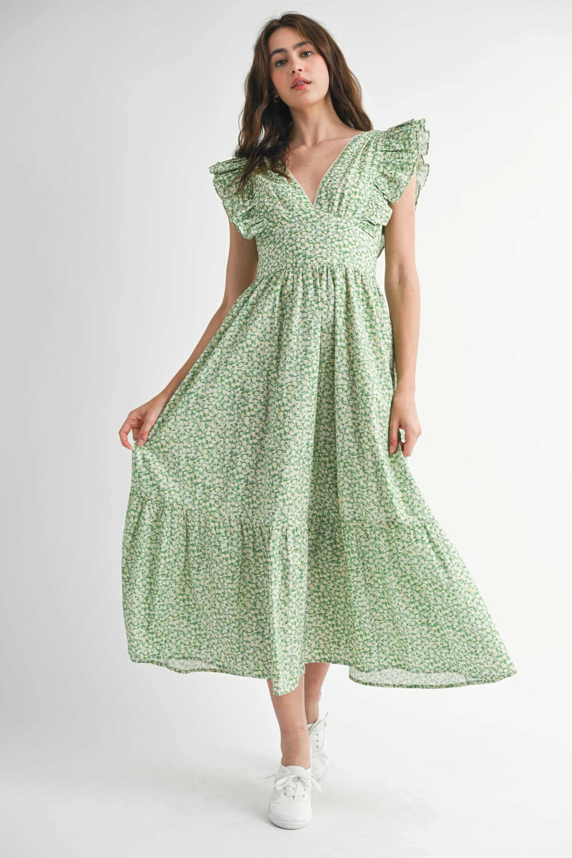 SARAI FLUTTER SLEEVE MIDI DRESS sold by MABLE