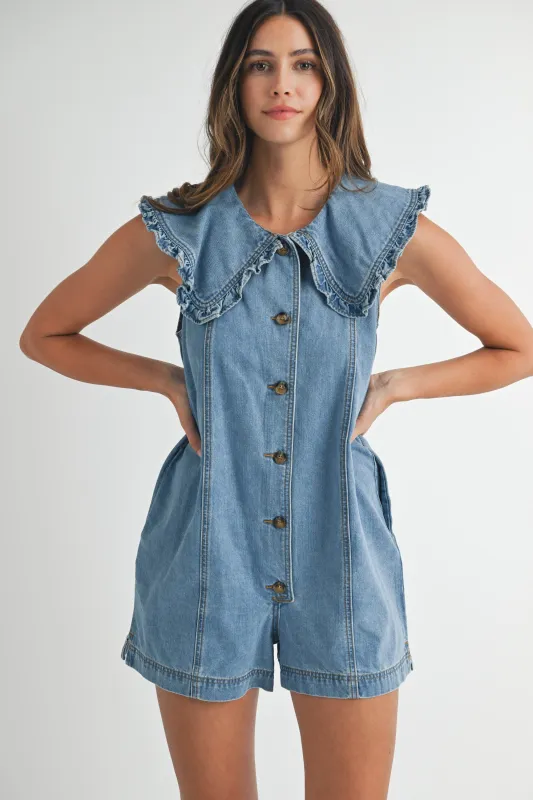 GRACE COLLAR BUTTON DOWN DENIM ROMPER sold by MABLE