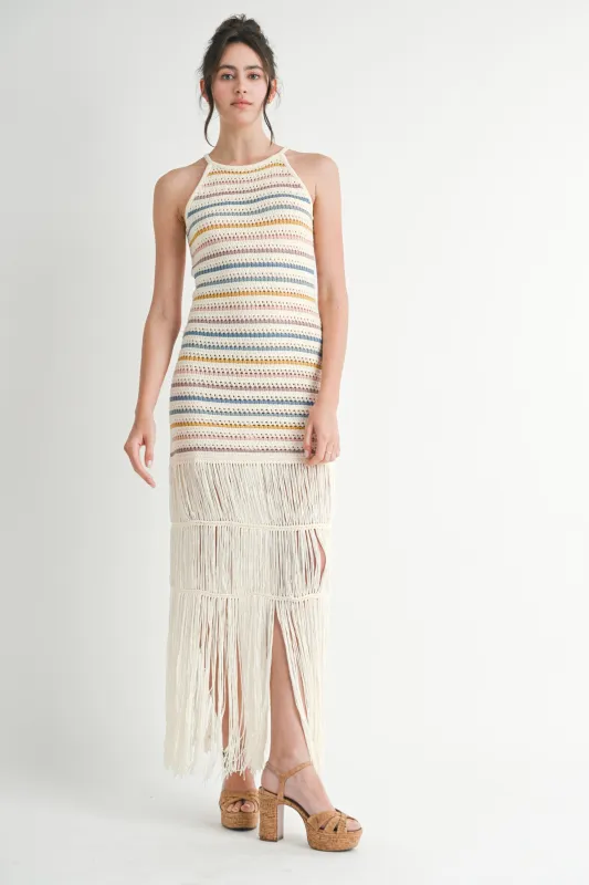 HARVARD FRINGE CROCHET KNIT MIDI DRESS sold by MABLE