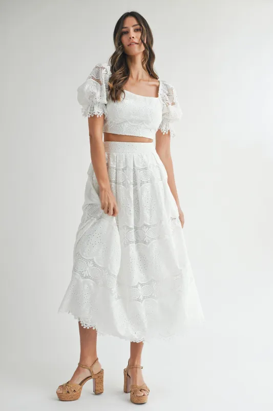 FAIRVIEW EYELET LACE CROP MIDI SKIRT SET made by MABLE