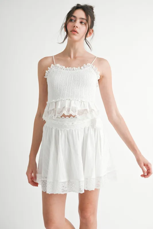MAYFAIR SMOCKING RUFFLE LACE TRIM MINI SKIRT SET made by MABLE