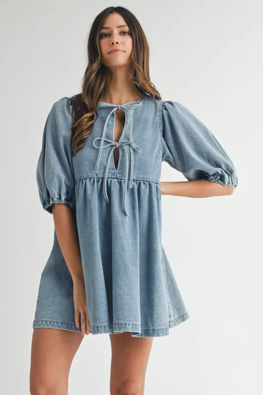 SOLANNA DENIM FRONT BOW MINI DRESS sold by MABLE