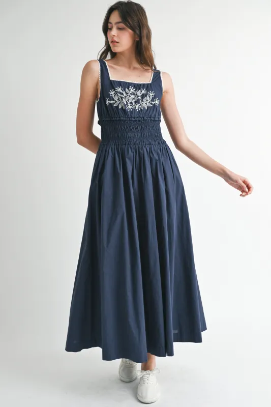 NAESSA EMBROIDERED SQUARE NECKLINE MIDI DRESS made by MABLE