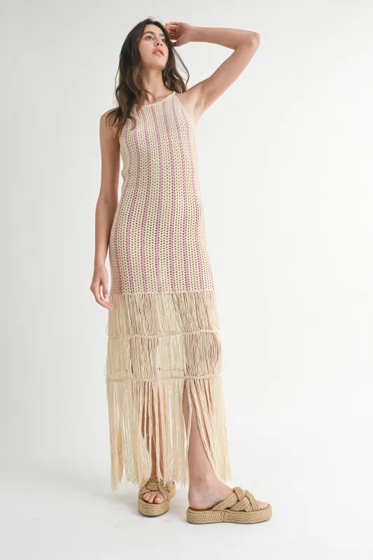 LEILANA FRINGE CROCHET KNIT MIDI DRESS sold by MABLE