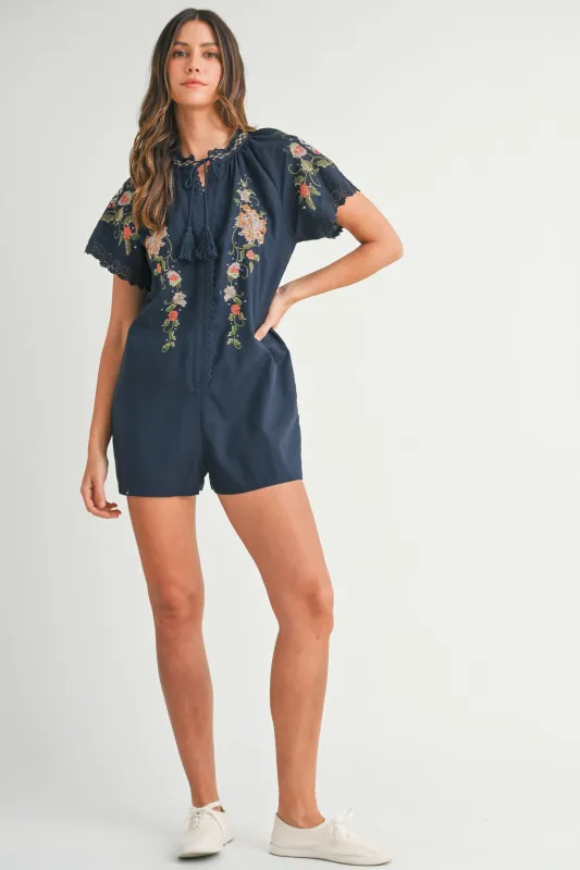 ZELINA EMBROIDERED TASSEL SHORT SLEEVE ROMPER sold by MABLE