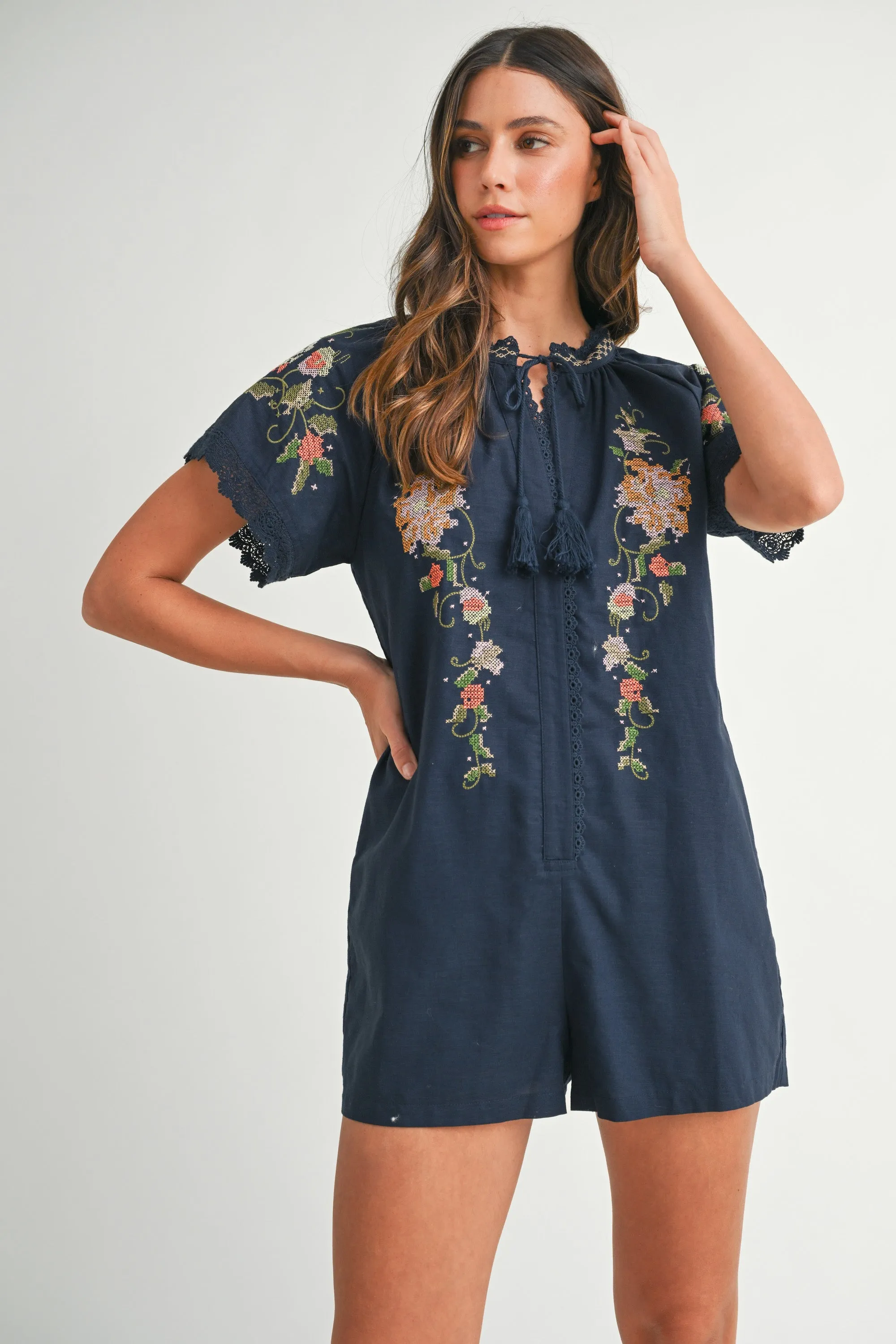 ZELINA EMBROIDERED TASSEL SHORT SLEEVE ROMPER sold by MABLE product image thumbnail 4