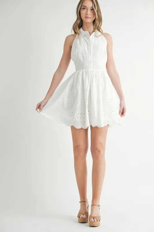 CORINNE EYELET HALTER SHIRT MINI DRESS sold by MABLE