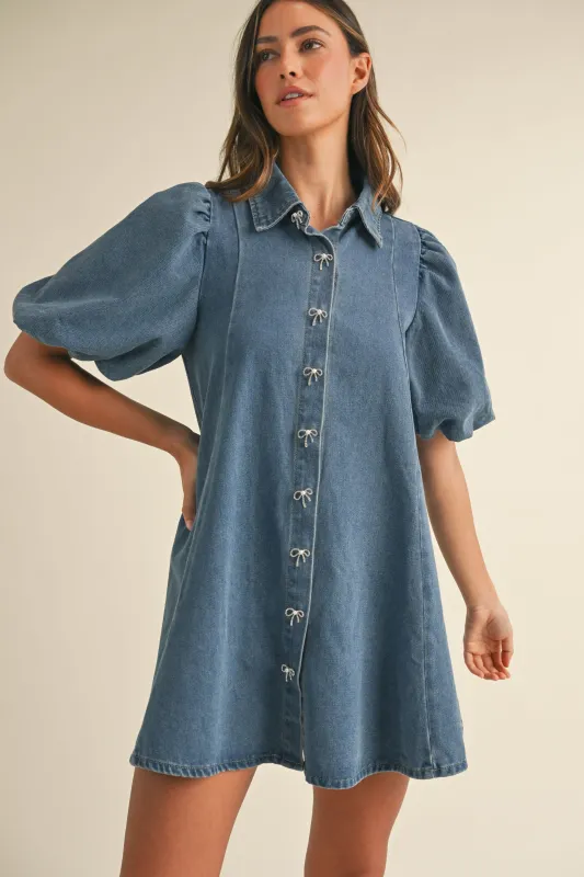 LANTHE JEWEL BUTTON PUFF SLEEVE DENIM MINI DRESS made by MABLE