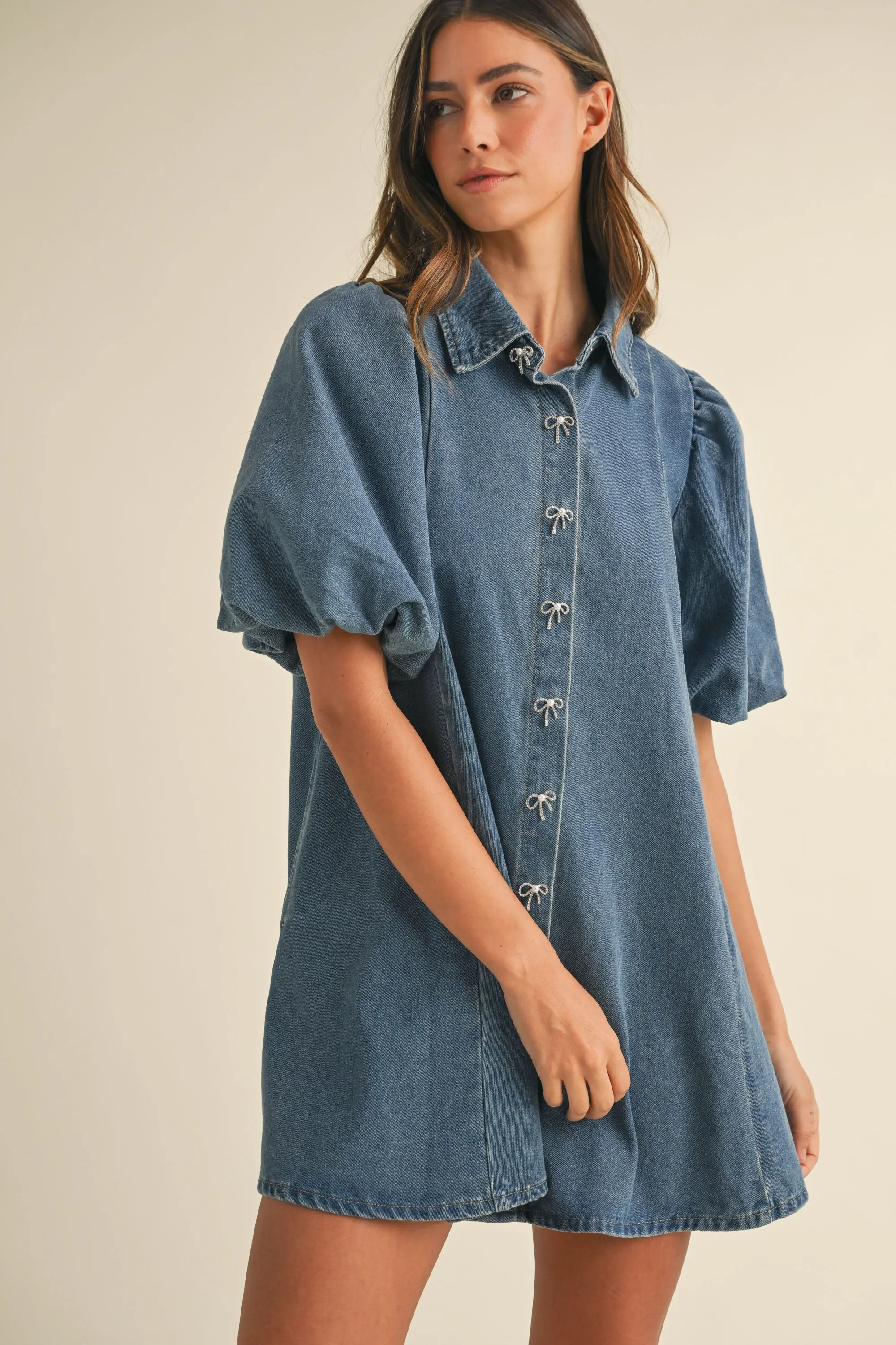 LANTHE JEWEL BUTTON PUFF SLEEVE DENIM MINI DRESS sold by MABLE product image thumbnail 2