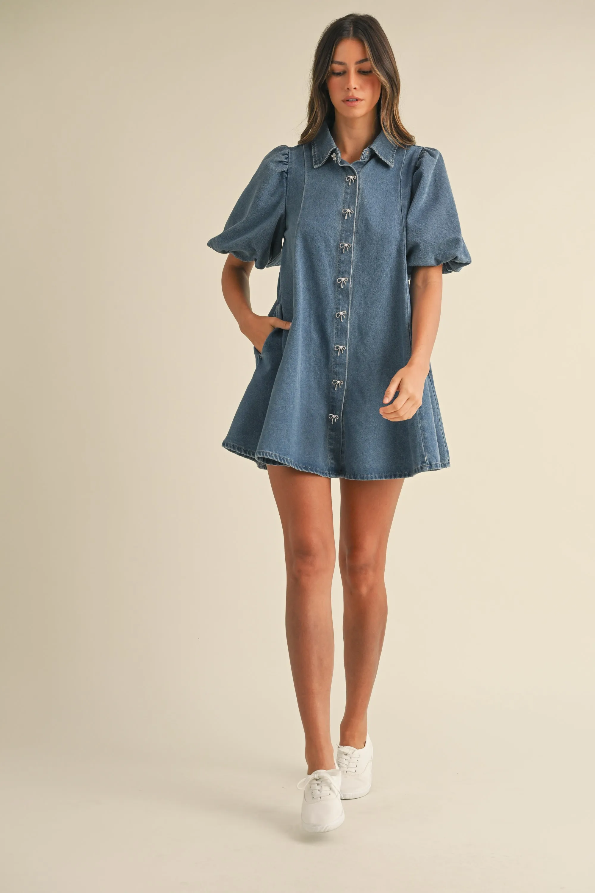 LANTHE JEWEL BUTTON PUFF SLEEVE DENIM MINI DRESS sold by MABLE product image thumbnail 5