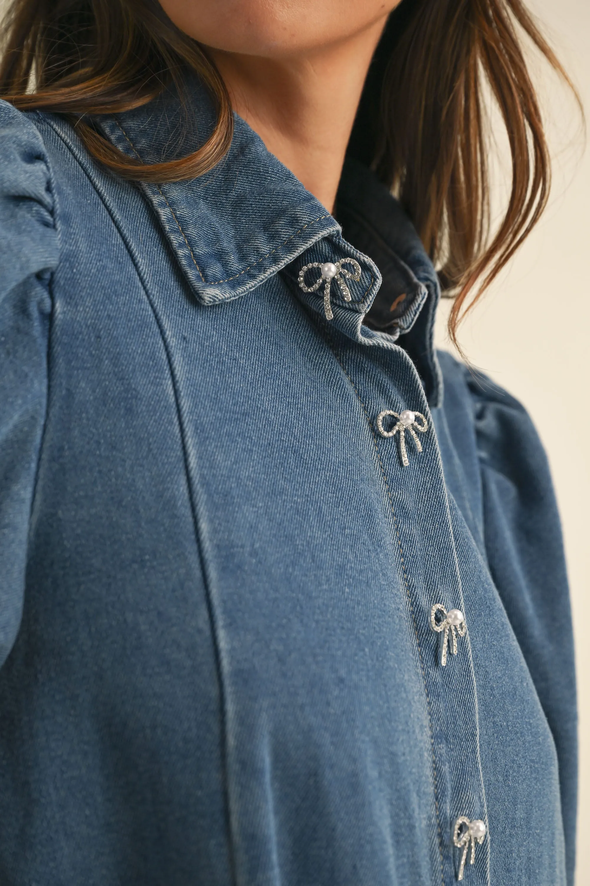 LANTHE JEWEL BUTTON PUFF SLEEVE DENIM MINI DRESS sold by MABLE product image thumbnail 4