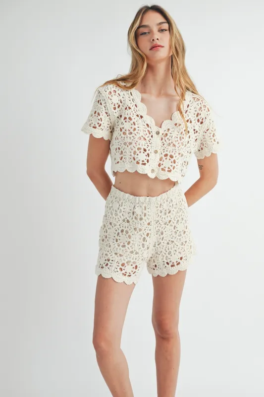 JOVIAN CROCHET SHORT SLEEVE KNT TOP AND SHORTS SET made by MABLE