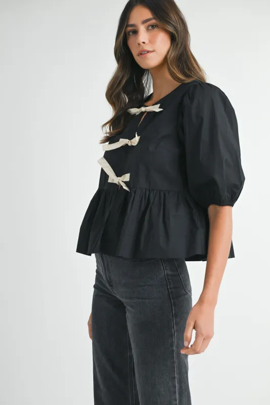 NYX PUFF SLEEVE CONTRAST TIE TOP sold by MABLE