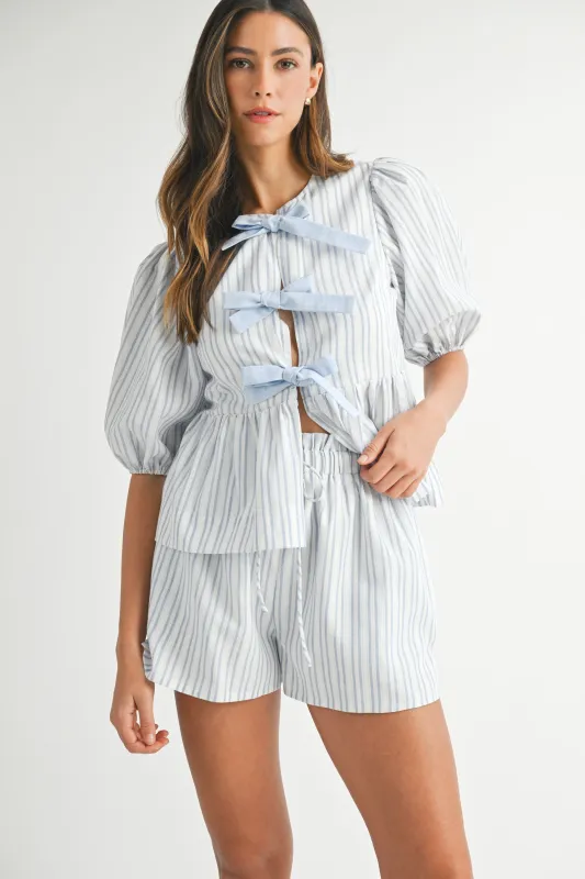 XENA STRIPE BOW TIED SHORT SLEEVE BLOUSE AND SHORTS SET sold by MABLE