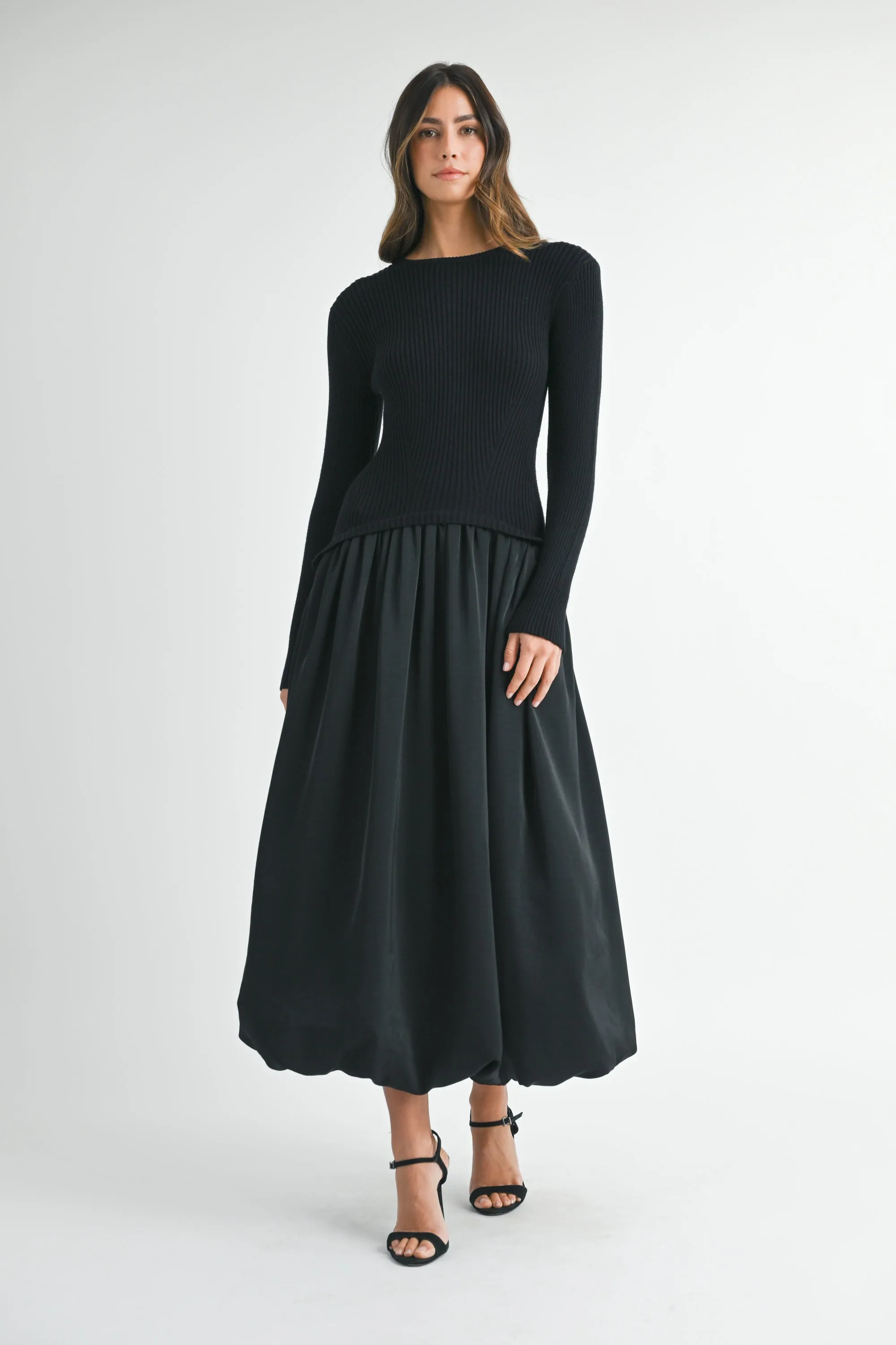 LAILAH RIBBED SWEATER COMBINATION BALLOON DRESS sold by MABLE