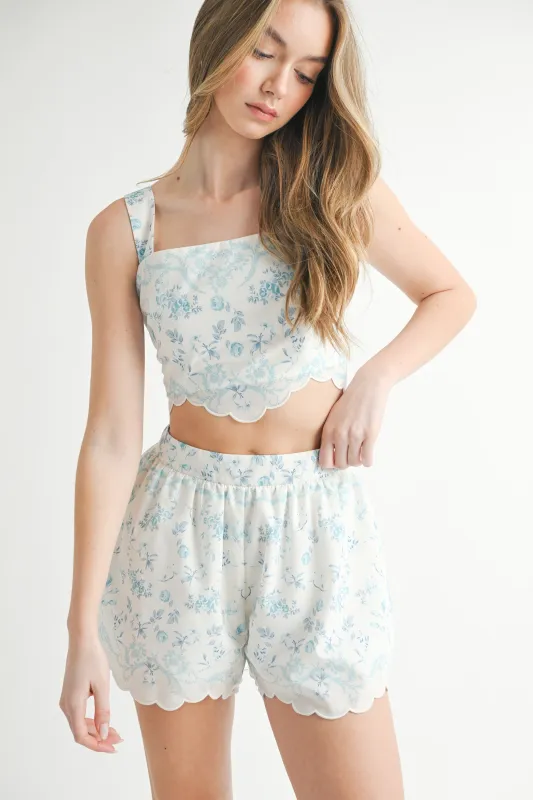 AMAYA SCALLOP EMBO CROP TOP SHORTS SET made by MABLE