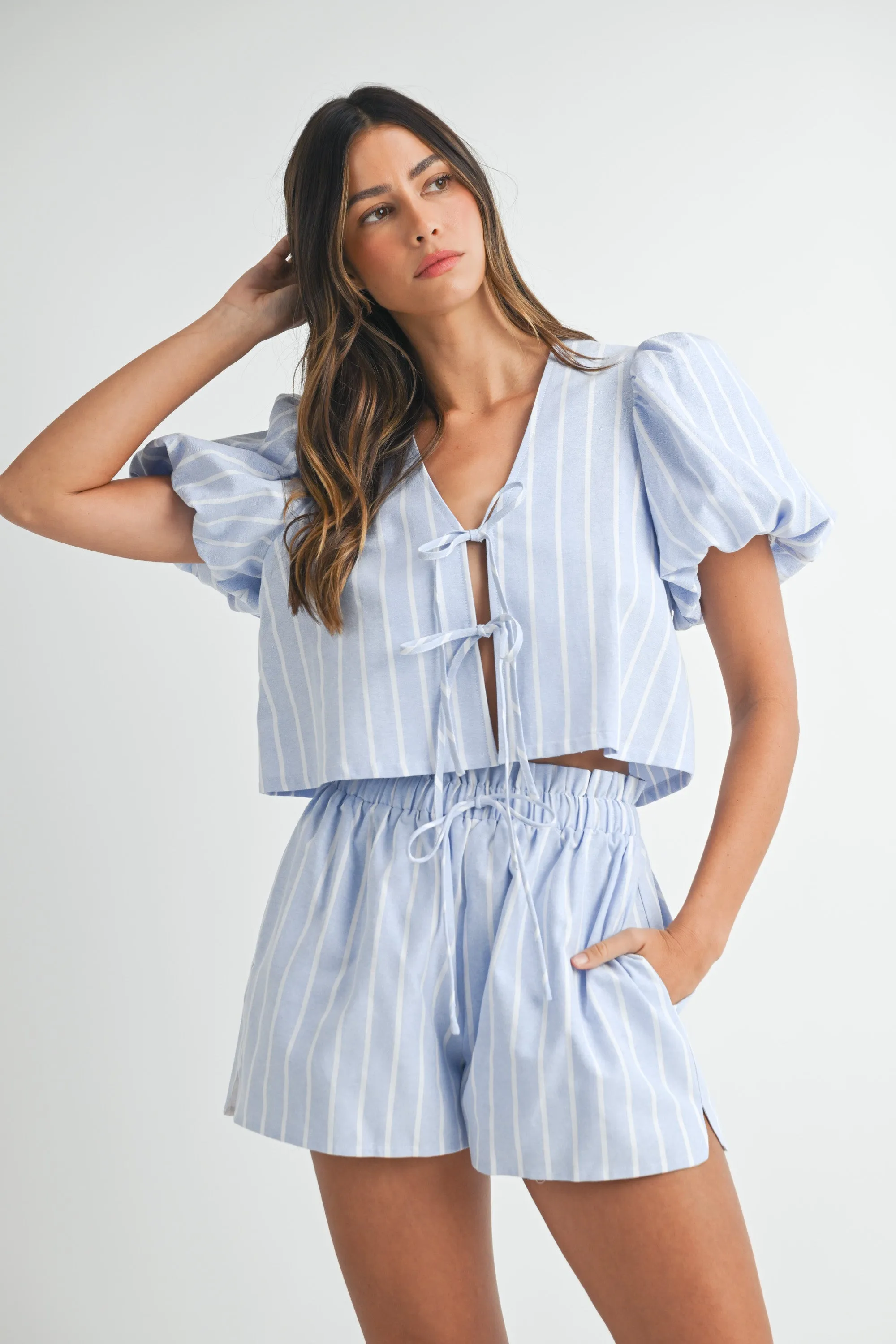 ARLETH STRIPE BLOUSE AND SHORTS SET sold by MABLE